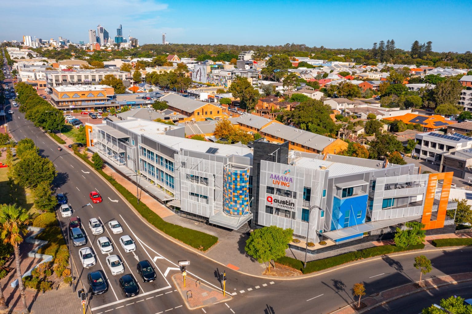 Aerial view of the building that houses the Austin Technology office