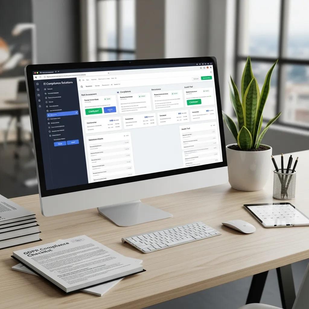 Computer screen showing IT compliance software alongside compliance paperwork in a workspace