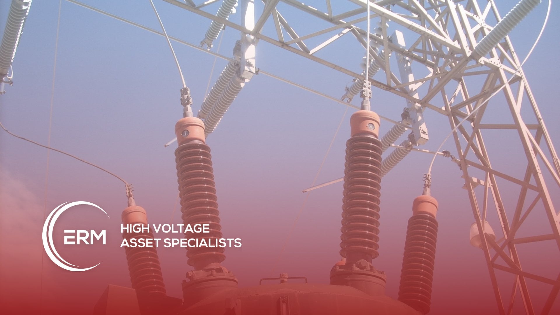 ERM High Voltage Asset Specialists logo over high voltage transformer insulators
