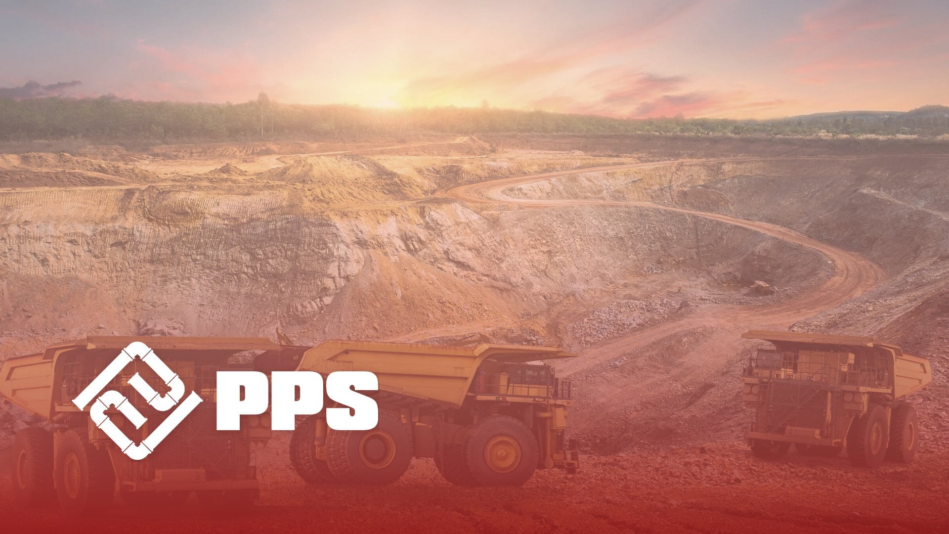 PPS Water Group logo over haul trucks at an open cut mine at sunset
